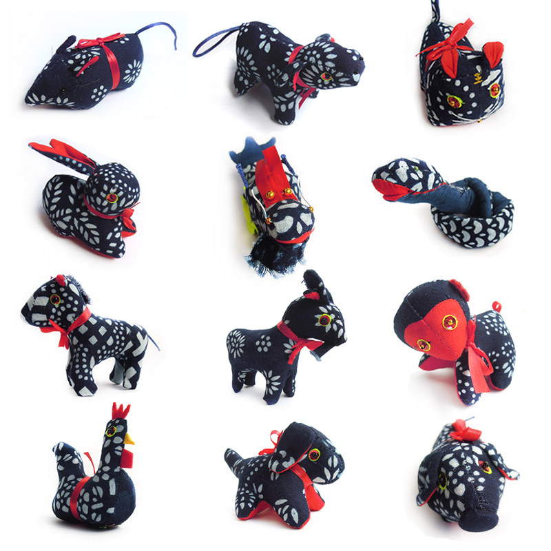 蓝印花布12十二生肖动物摆件纯手工布艺鼠牛虎兔龙蛇马羊猴鸡狗猪