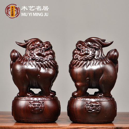 黑檀木雕福貔貅摆件一对家居新居乔迁办公室工艺品摆件新中式风格