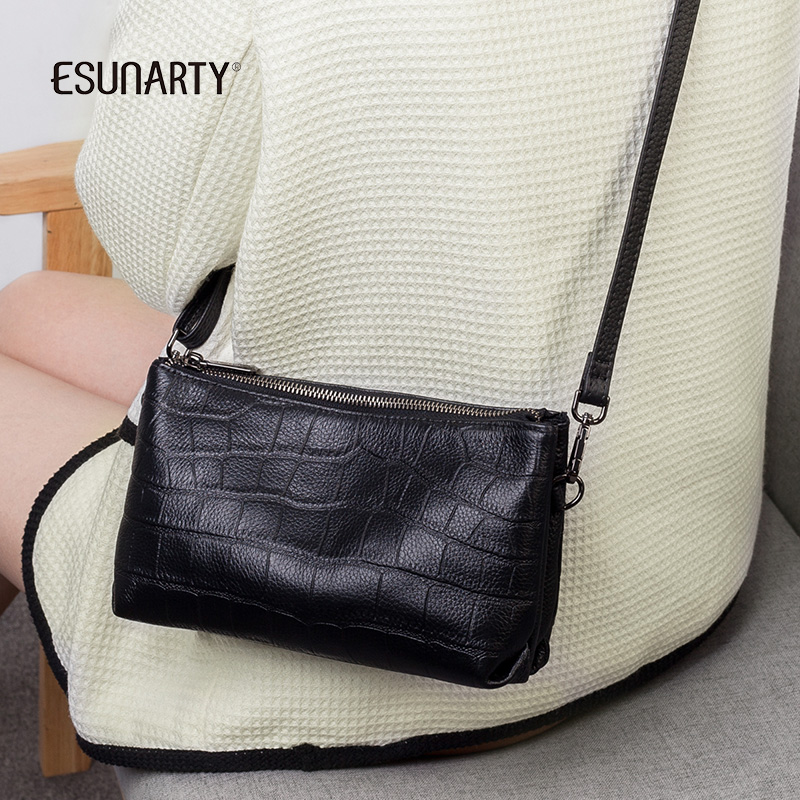 esunarty鳄鱼纹真皮斜挎包