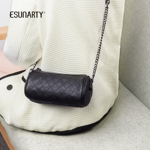 esunarty菱格真皮链条斜挎小圆包