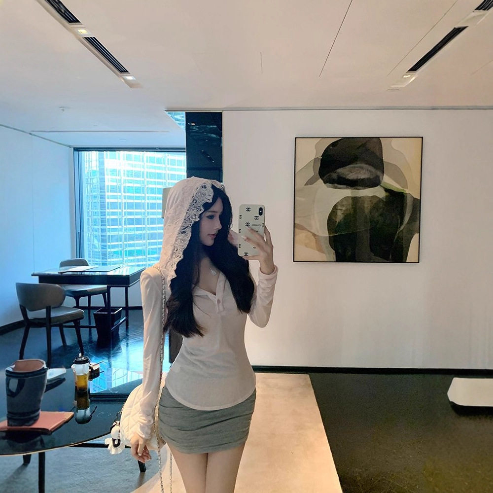 美式辣妹蕾丝拼接长袖T恤秋季新款设计显瘦修身连帽防晒微透上衣,女装/女士精品,T恤,淘宝优惠券,粉丝福利购,淘宝优惠卷