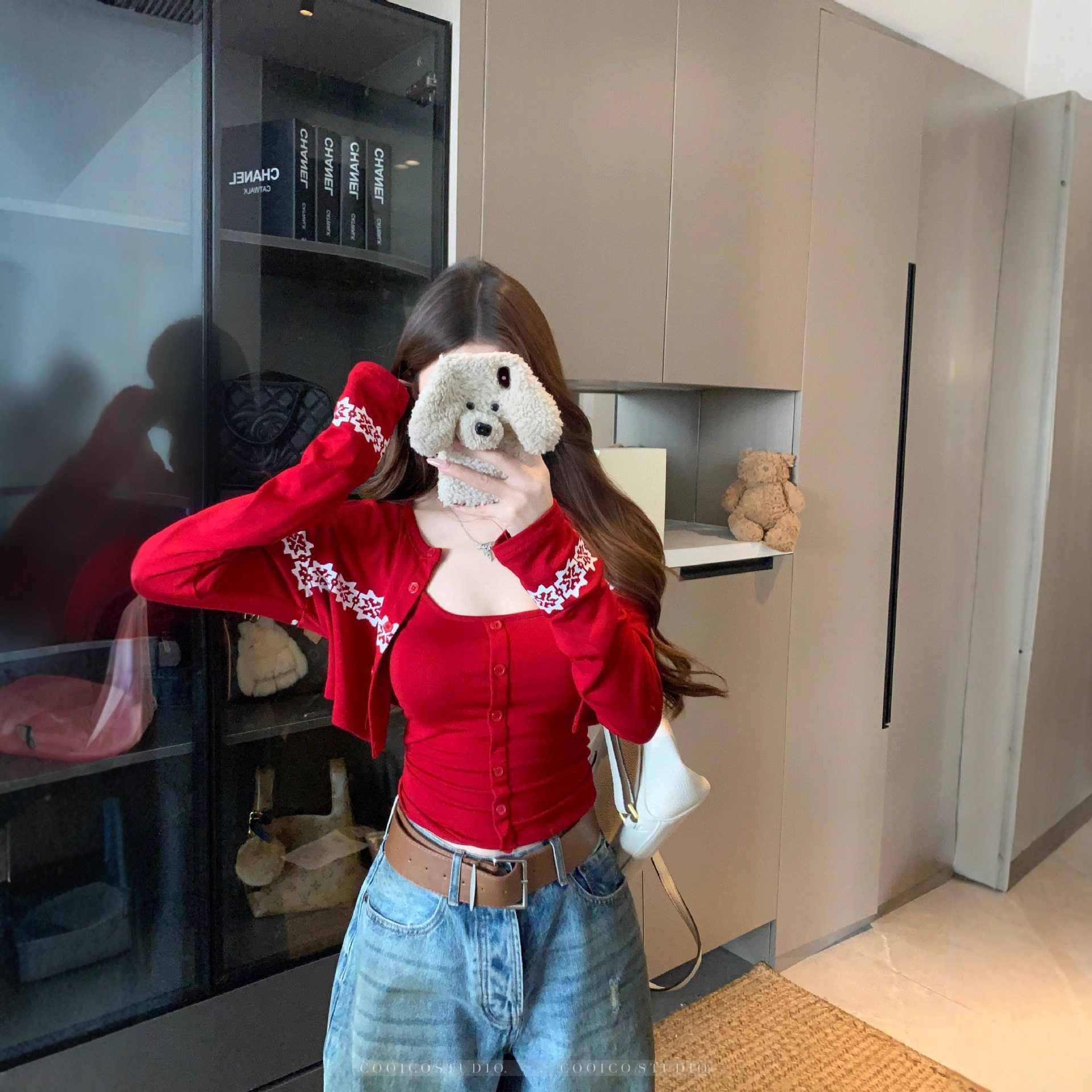 纯欲性感抹胸上衣女秋冬披肩红色长袖t恤开衫吊带两件套圣诞穿搭,女装/女士精品,T恤,淘宝优惠券,粉丝福利购,淘宝优惠卷