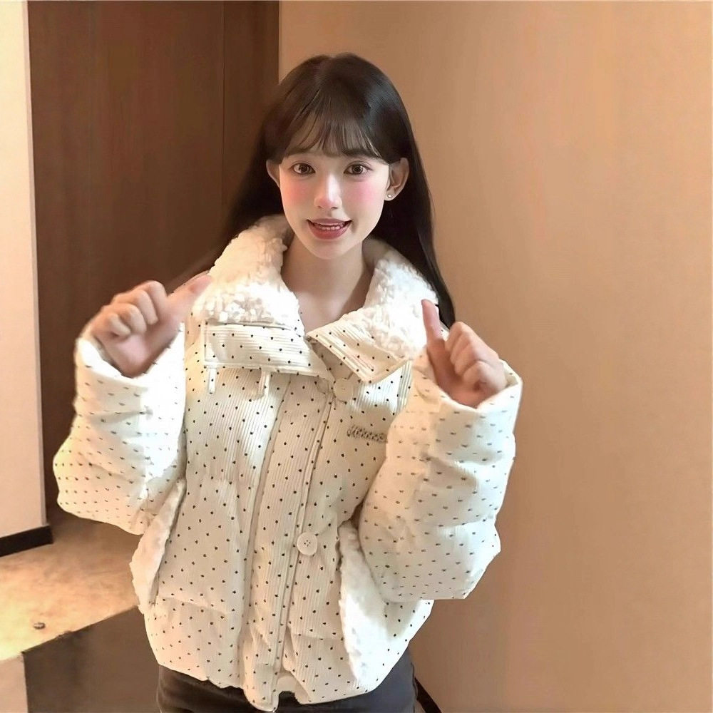 韩系设计波点棉服保暖毛领冬甜美新款加厚宽松棉袄短款面包服