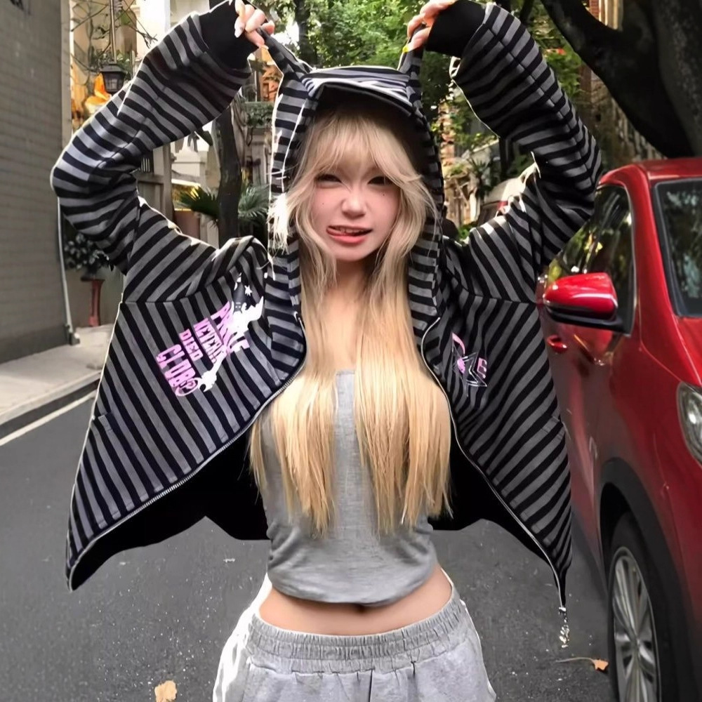 韩版设计感条纹拉链开衫卫衣外套秋季新款宽松百搭恶魔角连帽