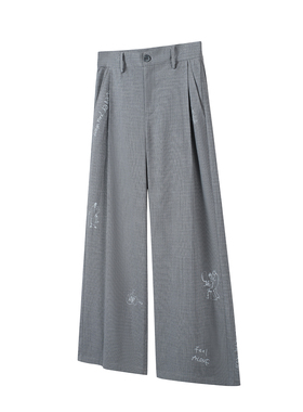 TZ killer Houndstooth 千鸟格灰色褶皱西裤 印花垂感TR阔腿长裤