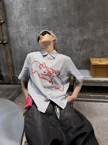 短袖条纹衬衫兔子印花休闲