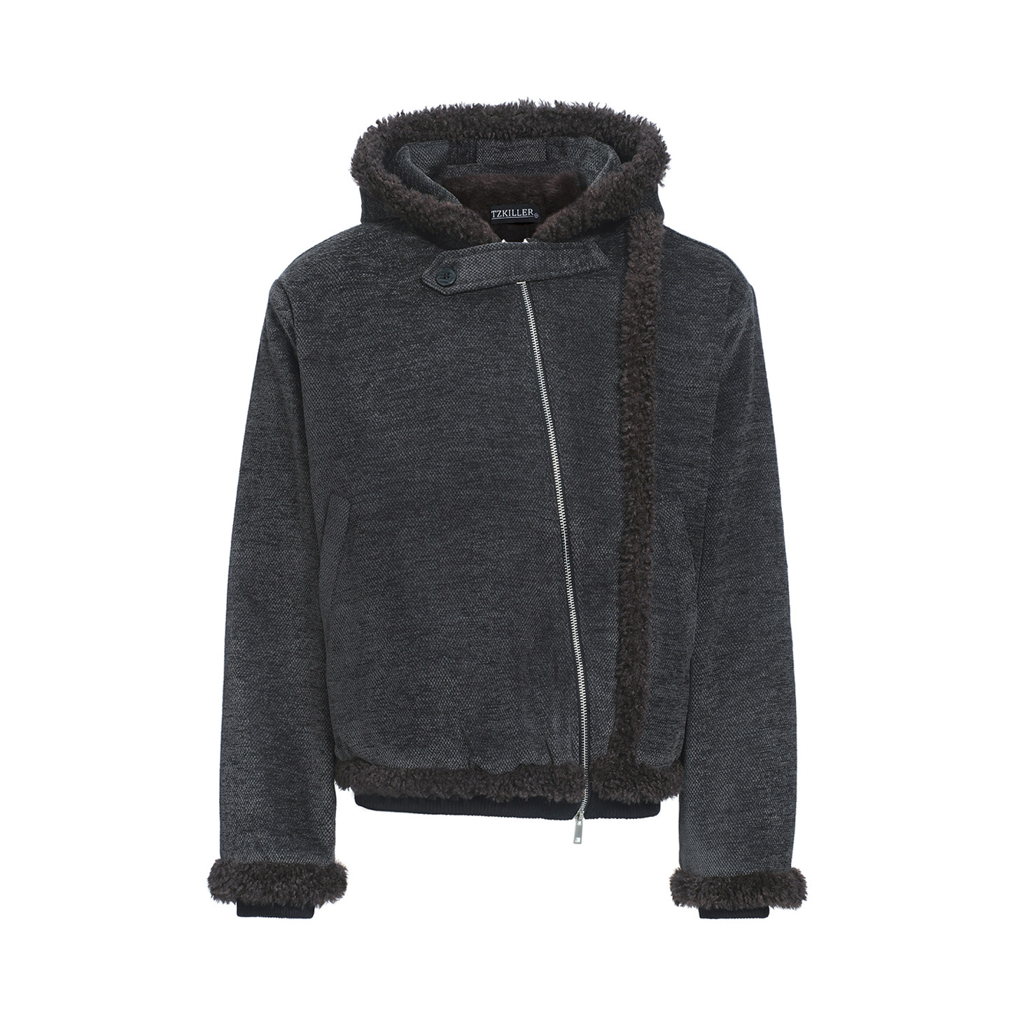 TZ killer Plush Coat 连帽毛绒棉服 肌理面料 斜拉链廓形外套冬