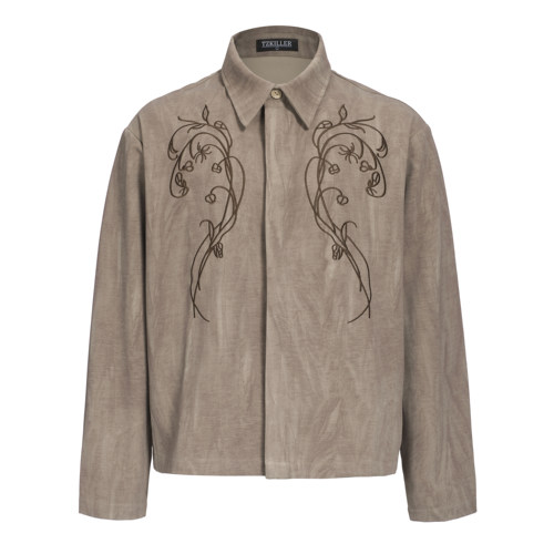 TZ killer TwigFloral2.0花卉刺绣老钱衬衫 复古短宽翻领长袖上衣