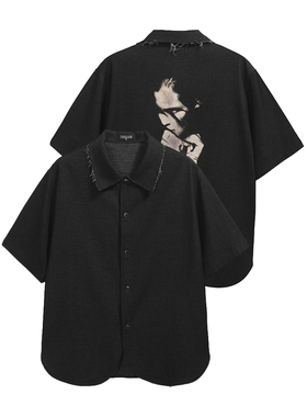 TZ killer Raw-edged denim shirt毛边领口仿牛仔印花衬衫短袖男