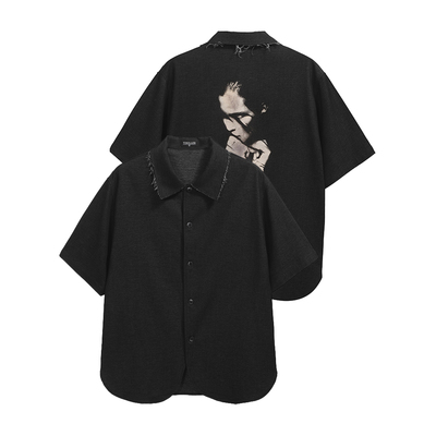 TZ killer Raw-edged denim shirt毛边领口仿牛仔印花衬衫短袖男