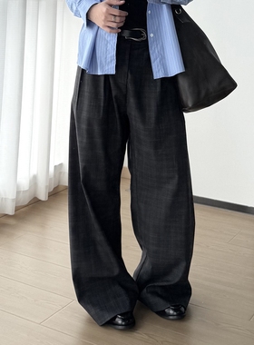TZ killer Pleats Lattice TR西裤 褶皱复古格子阔腿垂感休闲长裤