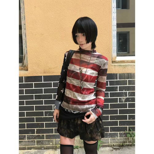 长袖美式条纹做旧修身打底衫