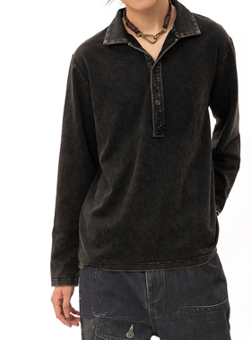 【TZ killer】polo衫亨利领水洗长袖 黑白色袖口刺绣通勤宽松上衣