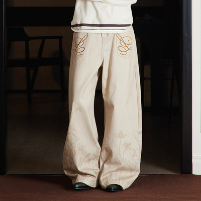 TZ killer Flowers Jeans 花卉印花牛仔裤 口袋刺绣弯刀阔腿长裤