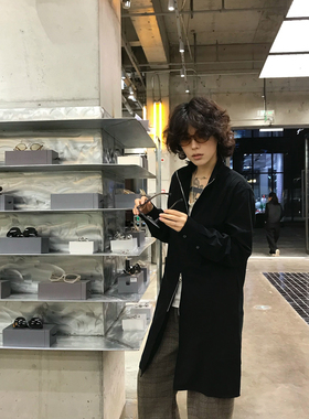 【TZ killer】立领褶皱长款百搭衬衫打底上衣 黑色长袖外套男女