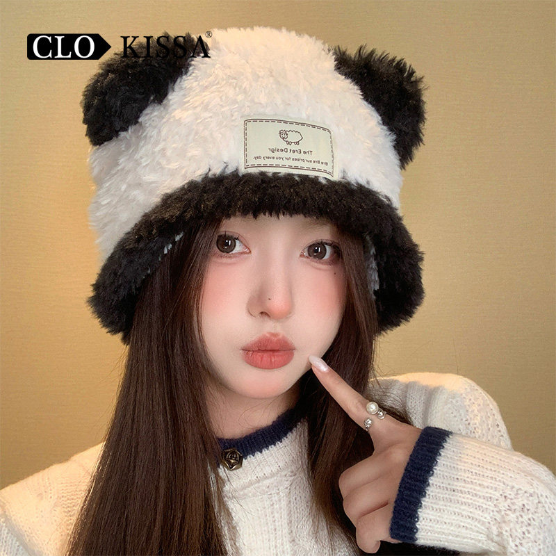 可爱小熊猫耳朵毛绒帽子女秋冬季