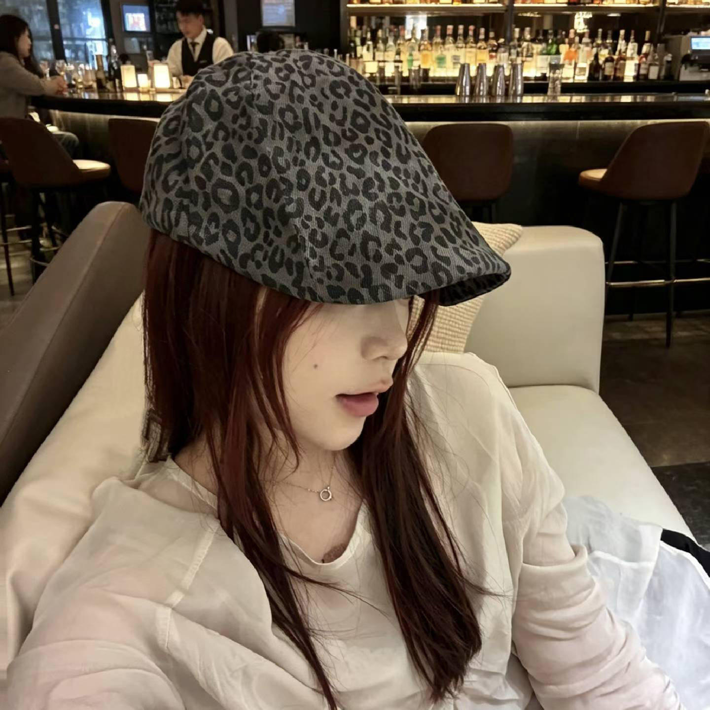 复古豹纹鸭舌贝雷帽显脸小春夏