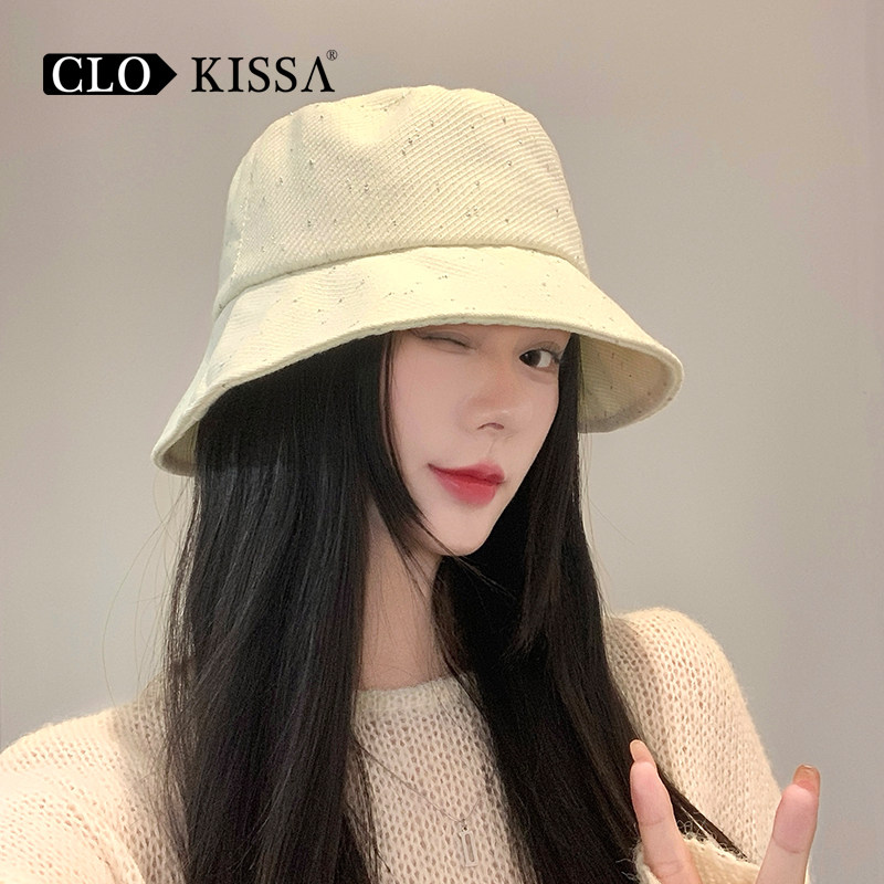 CLO KISSA日系大头围亮片渔夫帽女秋季百搭素颜盆帽显脸小水桶帽