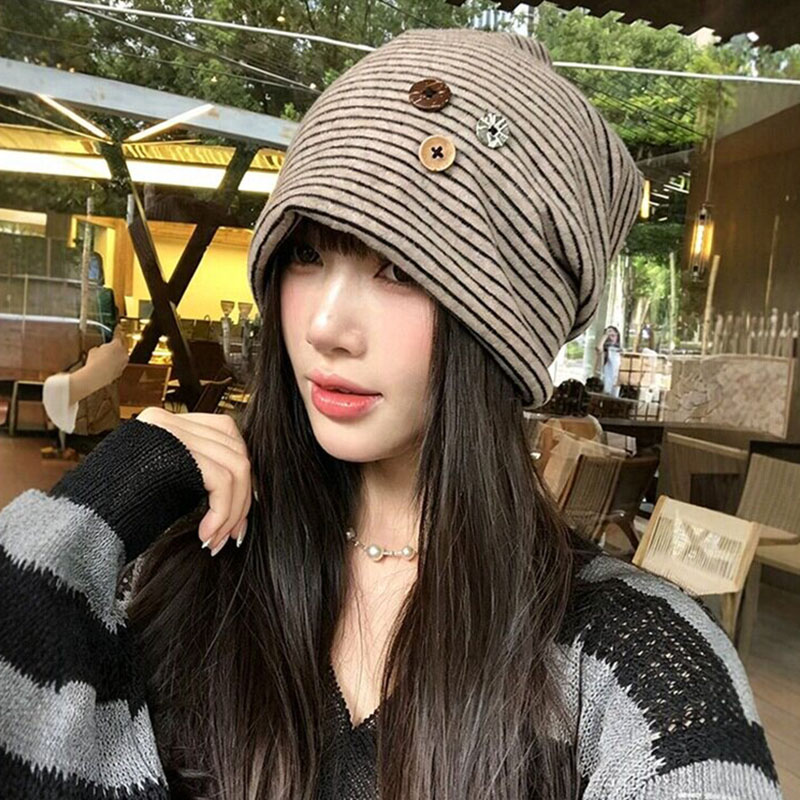 韩系条纹纽扣堆堆帽女早秋潮酷