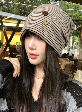 韩系条纹纽扣堆堆帽女早秋潮酷
