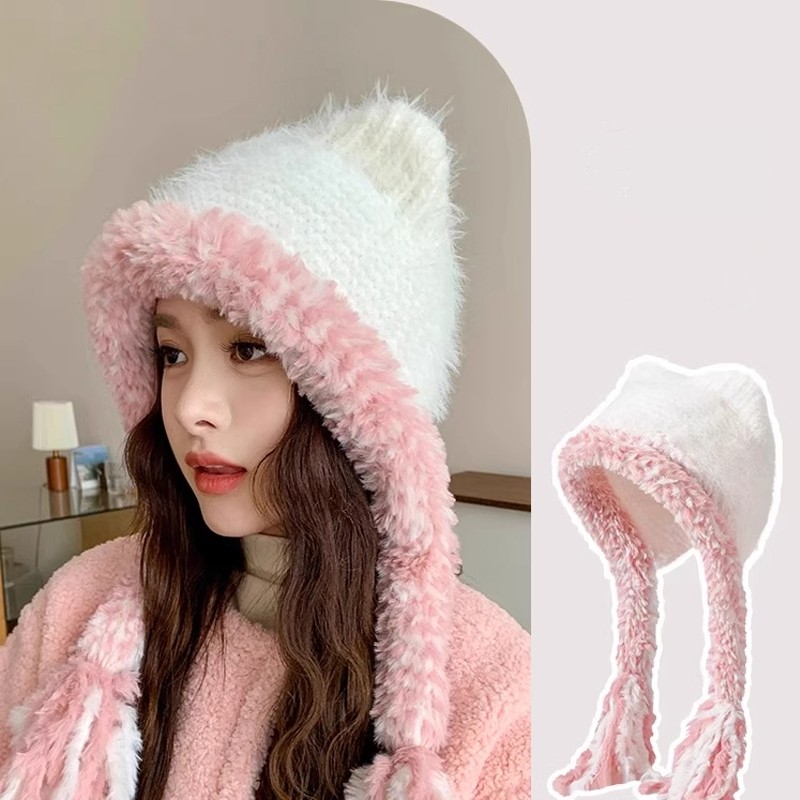 CLO KISSA新款加厚保暖毛绒绒流苏针织帽子女可爱小熊雷锋帽