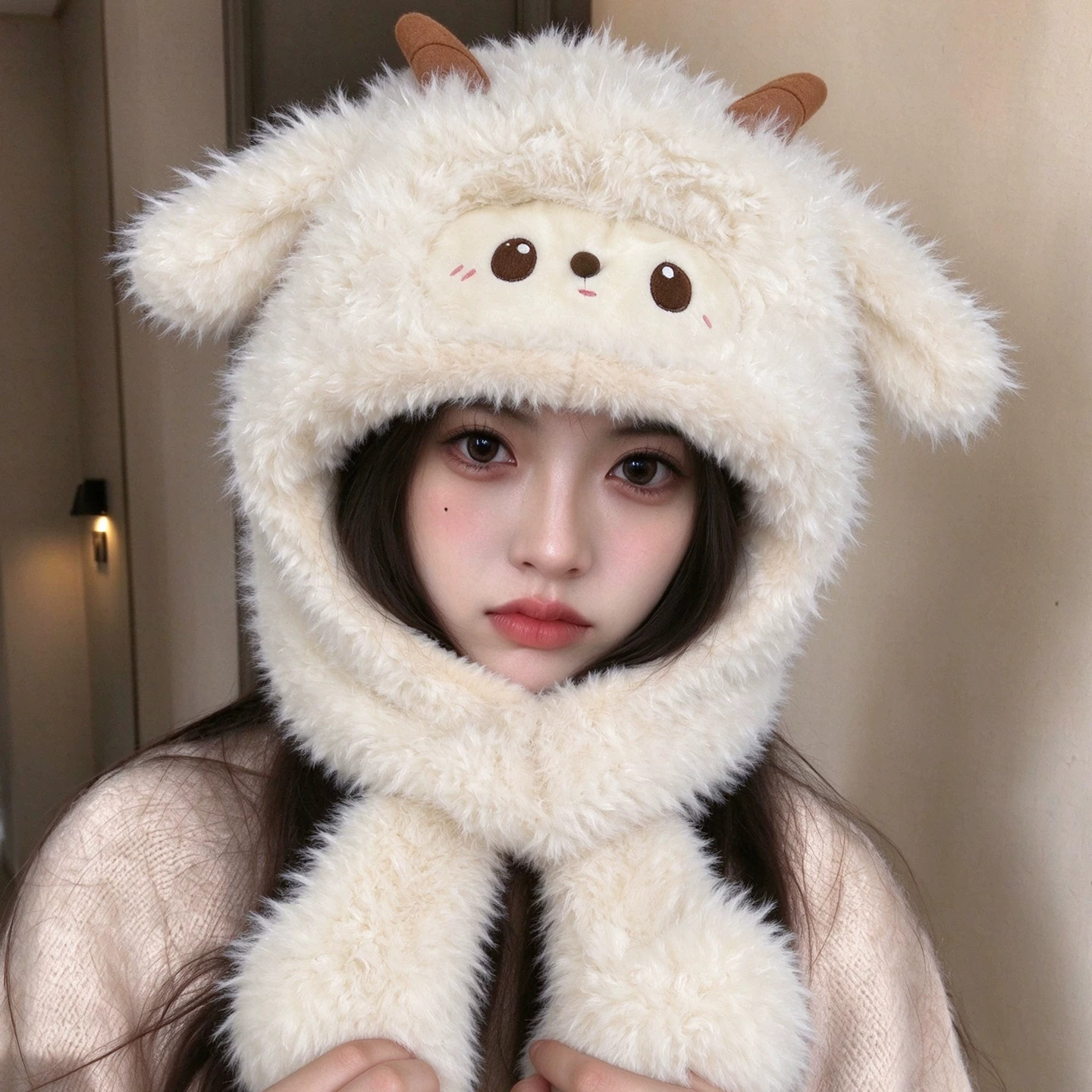 冬季女款加绒捏捏耳朵小羊雷锋帽