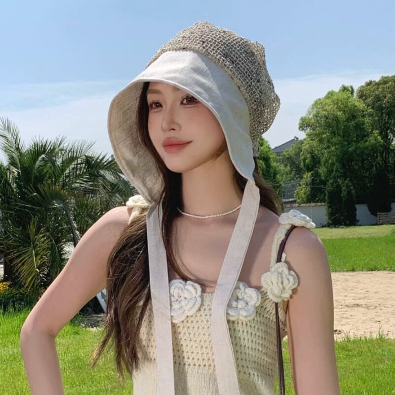 夏季亚麻镂空渔夫防晒透气帽女