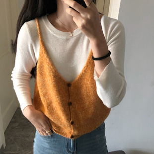 兔毛彩纱韩系V领针织马甲女橘色纽扣吊带背心叠穿百搭毛衣上衣
