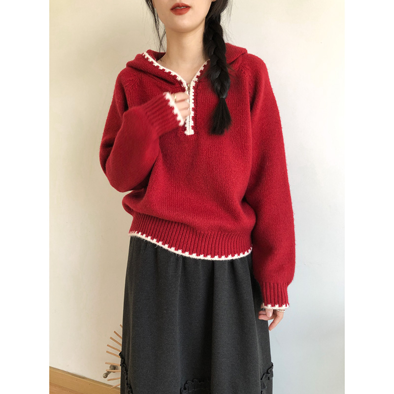 韩系慵懒连帽半拉链撞色毛衣女
