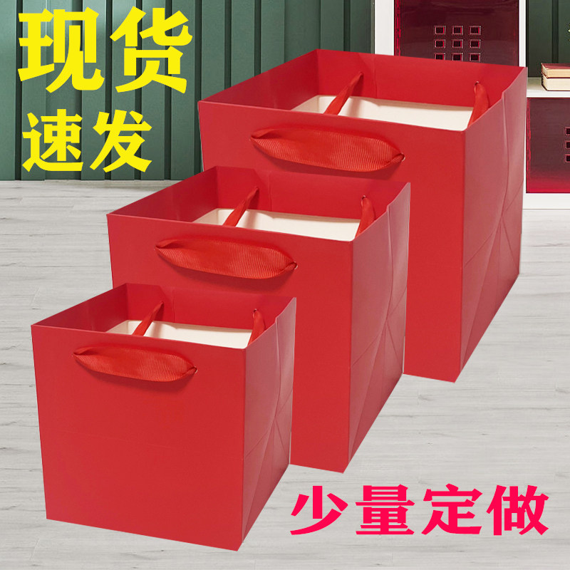 现货大红色蛋糕包装袋 开业礼品袋 手提方形加宽纸袋婚礼喜糖袋子