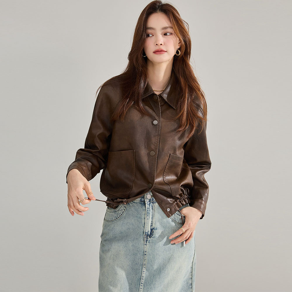 26春装新款pu皮衣女外套欧货复古短款小个子宽松休闲抽绳机车夹克