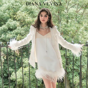 DIANA VEVINA亮片V领鸵鸟毛小香外套白色羽毛吊带连衣裙套装 23AW