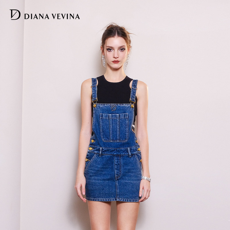 diana vevina蓝色牛仔背带短裙经典简约百搭显瘦24春夏新款背带裙