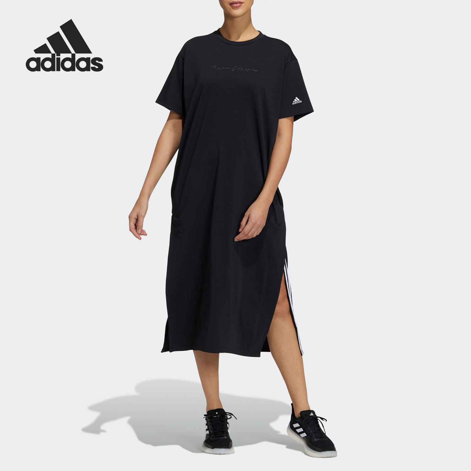 Adidas/阿迪达斯正品女子长款圆领短袖针织运动连衣裙 GV1848