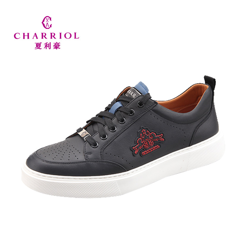 charriol夏利豪男鞋  时尚潮流刺绣真皮板鞋男士休闲鞋时尚青年鞋