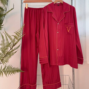 维家提花条纹冰丝情侣睡衣高级感可外穿轻奢结婚红色家居服本命年