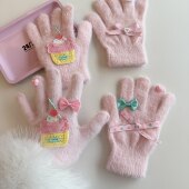 保暖防寒学生分指手套 粉色卡通小蛋糕毛绒手套女冬季 秋冬季 新款
