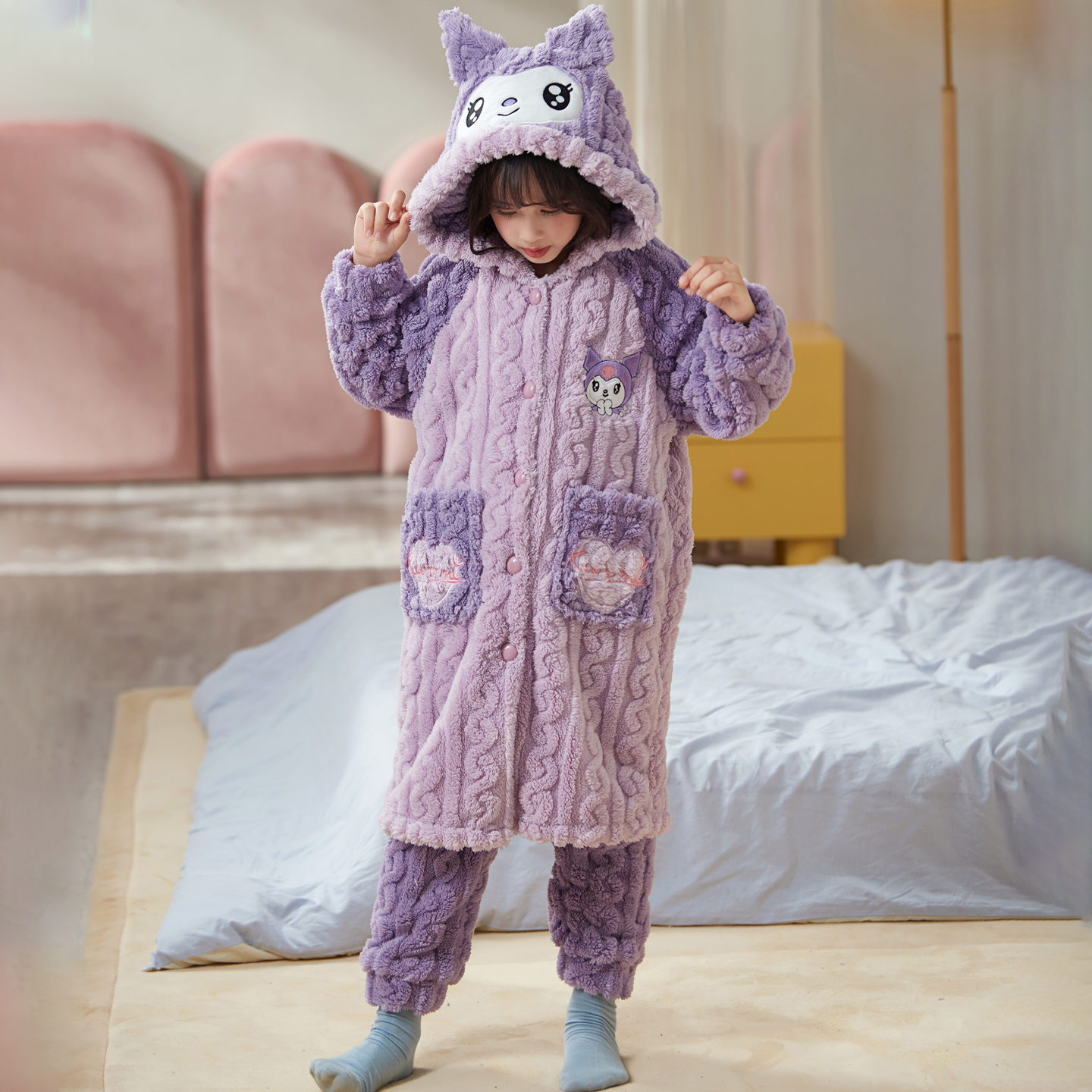 女童睡衣库洛米珊瑚绒秋冬季儿童睡袍法兰绒女孩中大童家居服套装