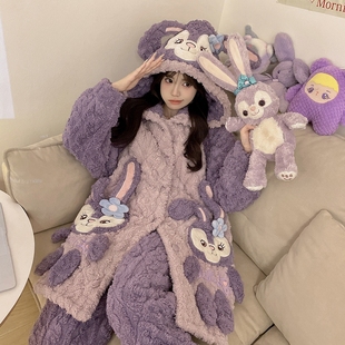 家居服 加绒加厚套装 三层夹棉睡衣女士睡袍珊瑚绒秋冬季 天2025新款