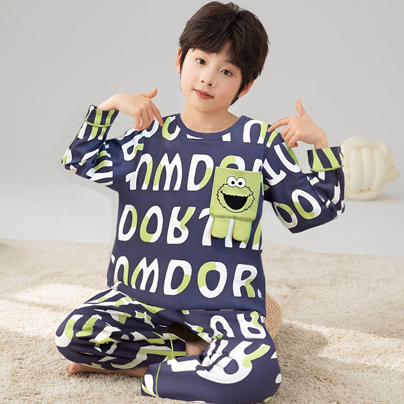儿童睡衣春秋季男童卡通纯棉芝麻家居服套装