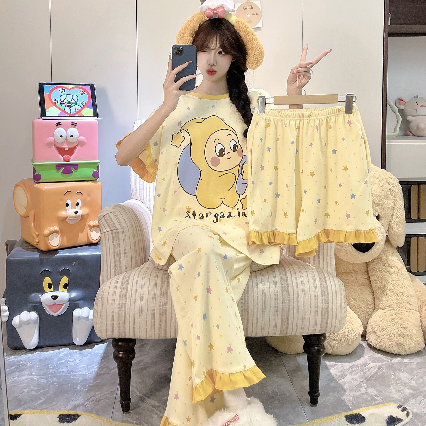 纯棉睡衣少女款夏季薄款短袖卡通可爱学生加大码胖mm三件套家居服