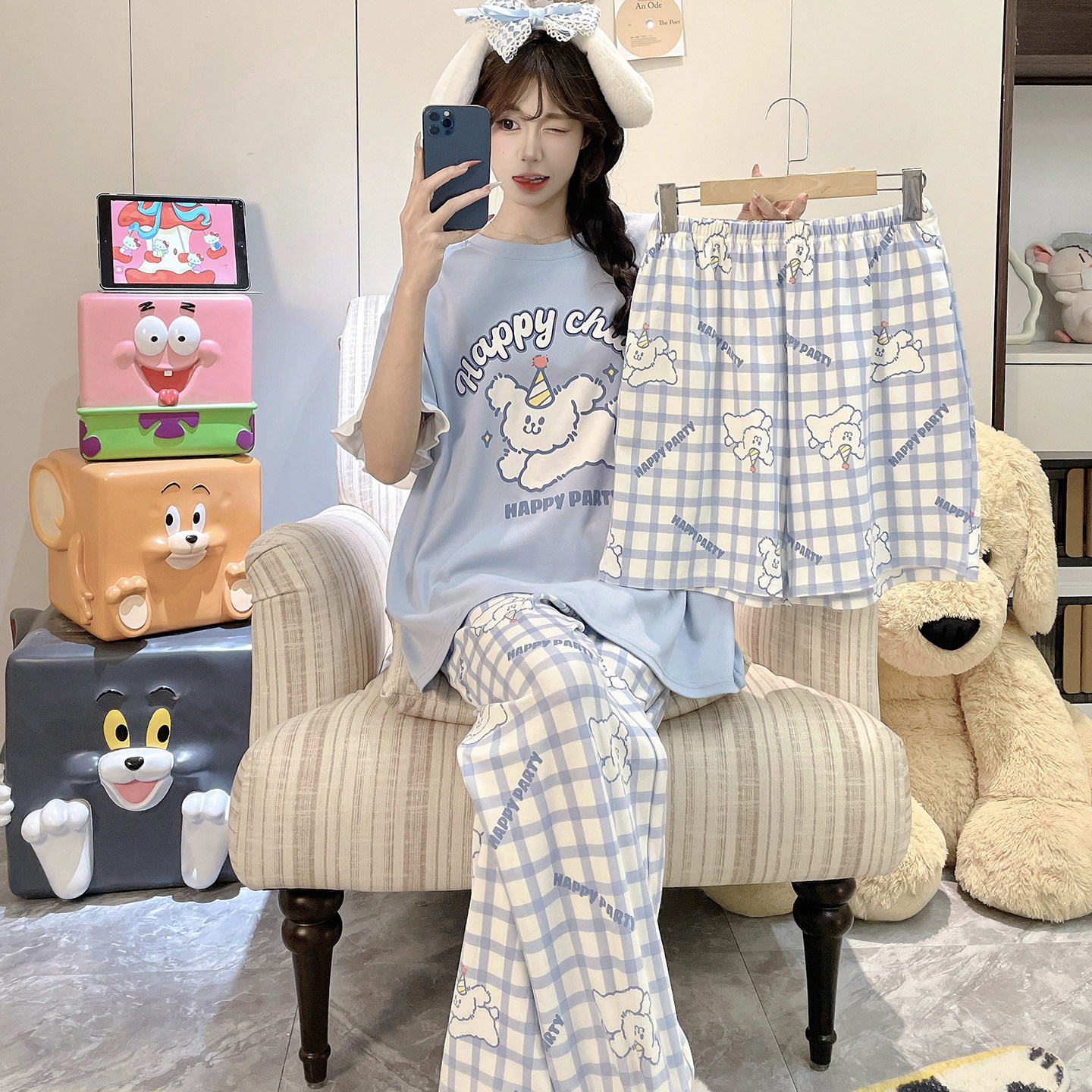 小狗睡衣女款夏季纯棉三件套短袖长裤套装大码初中学生女孩家居服