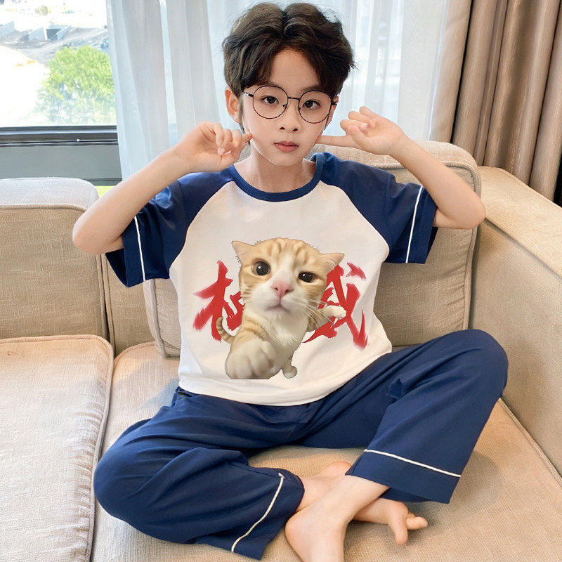 春夏季儿童睡衣男孩短袖长裤纯棉卡通男童大童空调家居服薄款套装