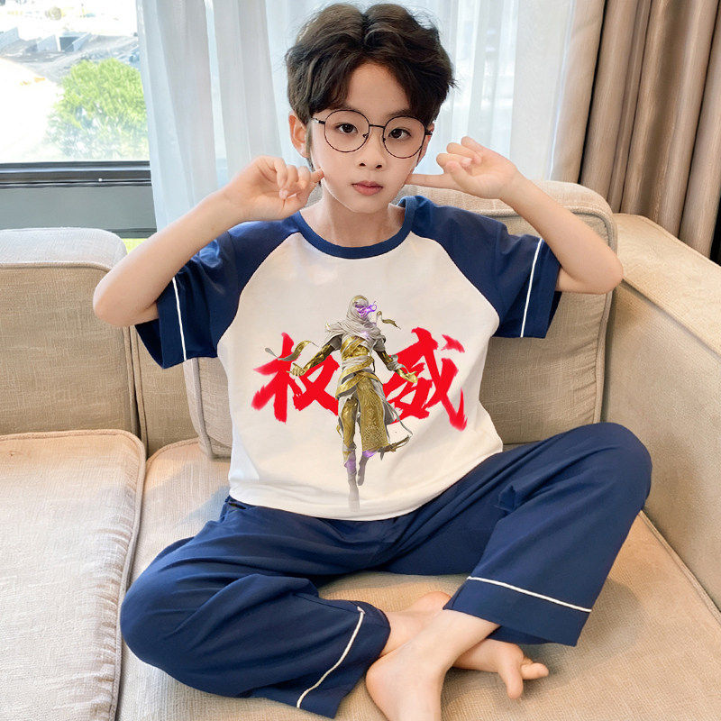 男童纯棉睡衣短袖长裤卡通印花全棉透气家居服中大童春夏季新款