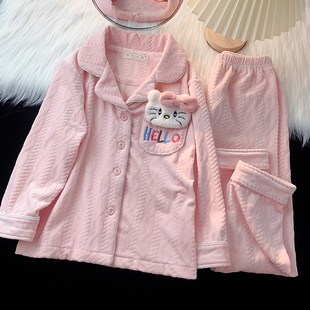 Kitty猫儿童睡衣秋冬长袖长裤2025新款女童海岛绒加厚女孩家居服