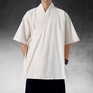 夏季改良明制斜襟汉服半臂交领短袖衬衫男士横卧领复古棉麻唐装