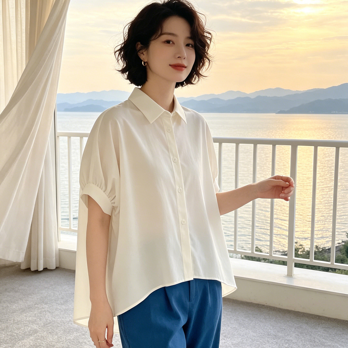 夏季休闲短袖衬衫宽松显瘦韩版女士气质上衣新款百搭薄款雪纺罩衫