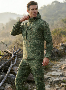 跨境俄罗斯迷彩服春秋小绿人战术蛙裤套装加绒加厚保暖连帽外套