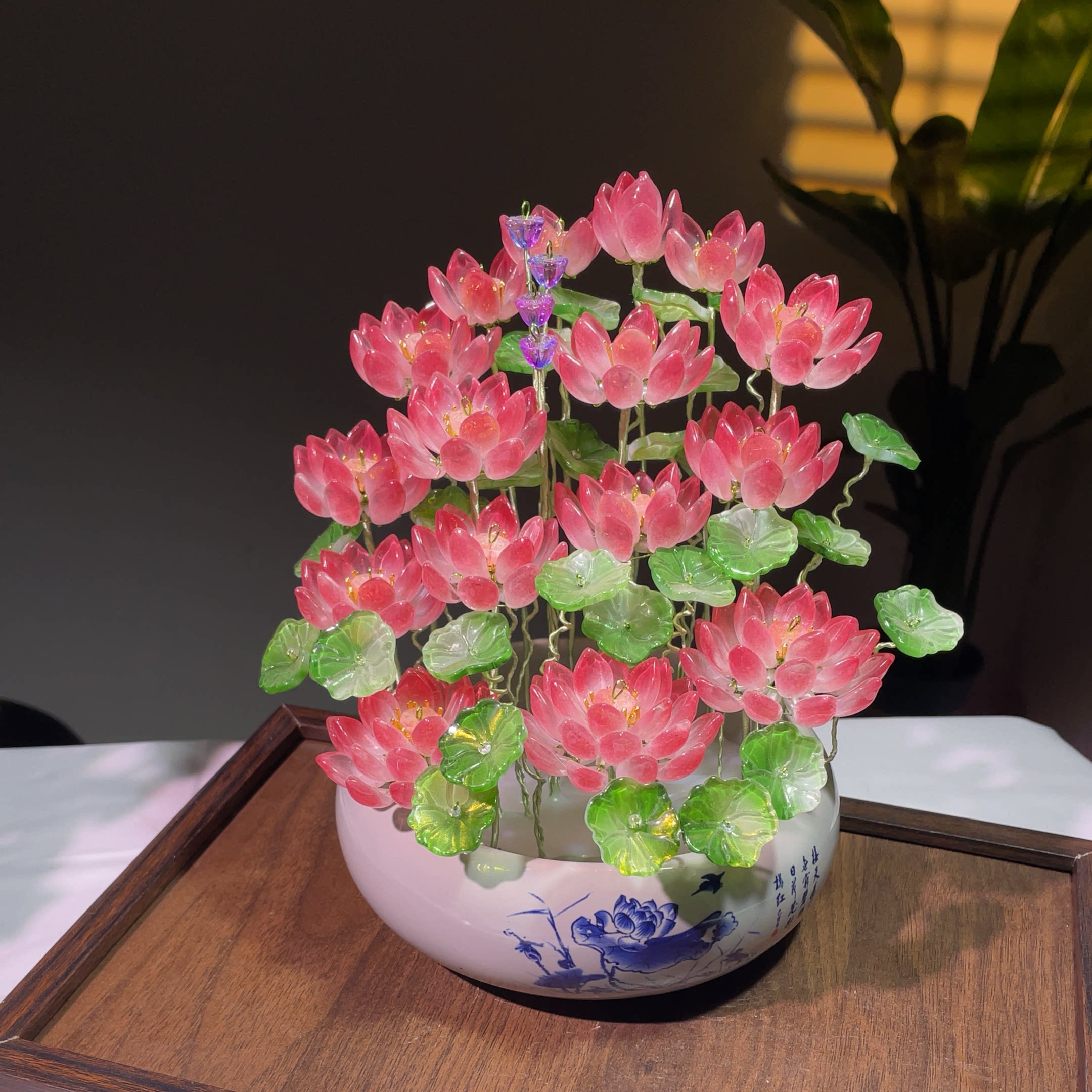 精致琉璃荷花盆栽】仿真花假花莲花观音佛供花高档桌面摆件简约