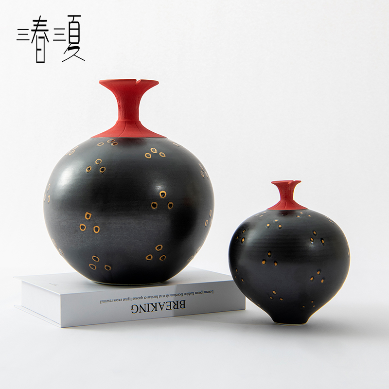 三春三夏新中式黑红色陶瓷罐花瓶餐桌博古架酒柜高级感插花器摆件